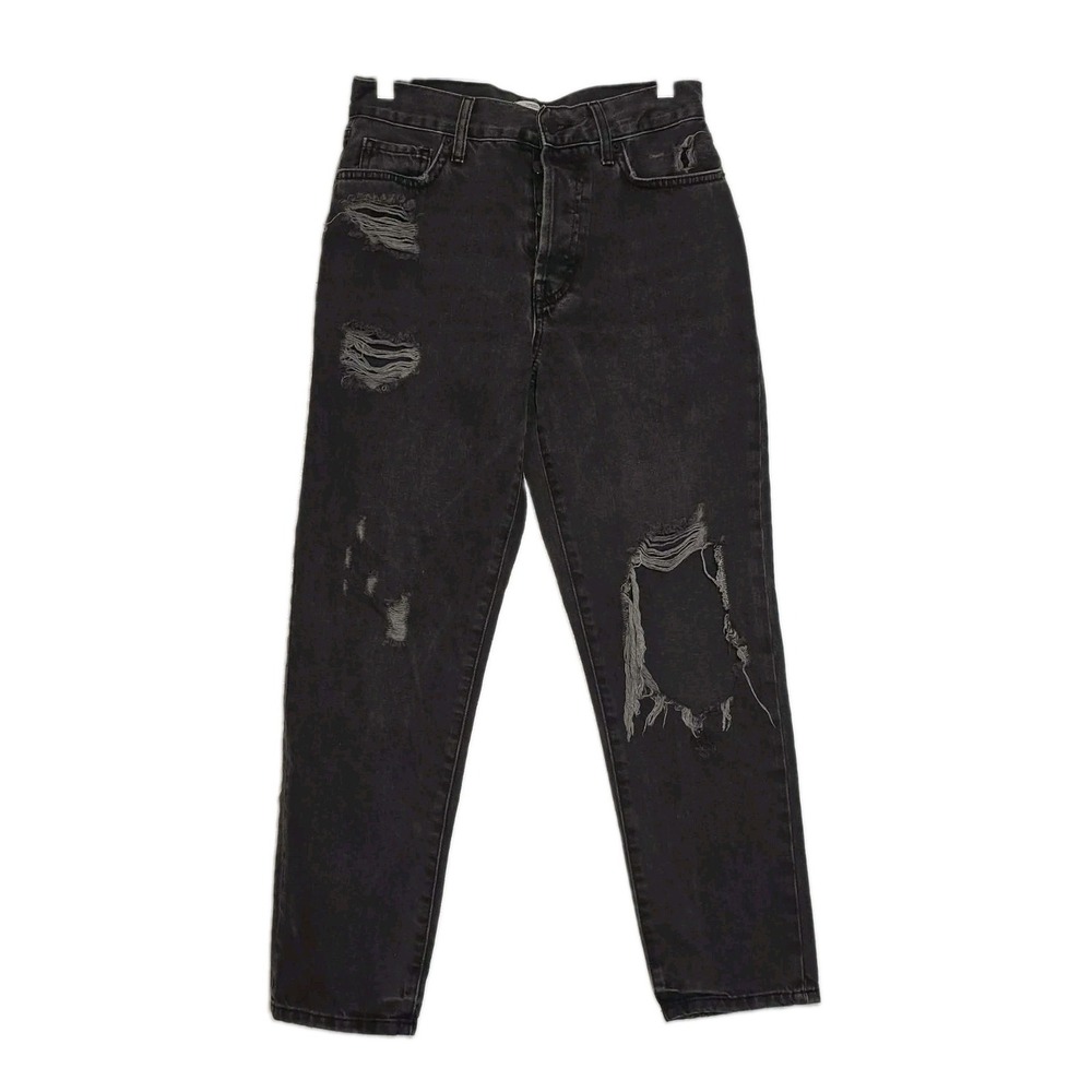 FOREVER 21 Premium Women's 27 Distressed Black Straight Jeans Ripped Guc